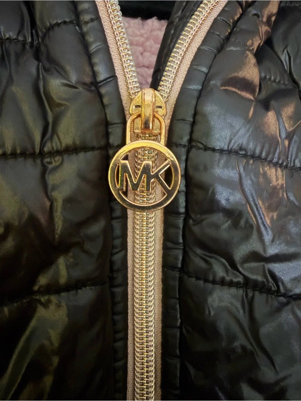 Michael Kors Girls 7/8 Black Puffer Jacket Pink Sherpa Hood Rose Gold